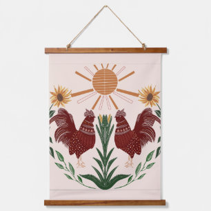 Sunny Folk Art Roosters And Sunflowers Hanging Tapestry
