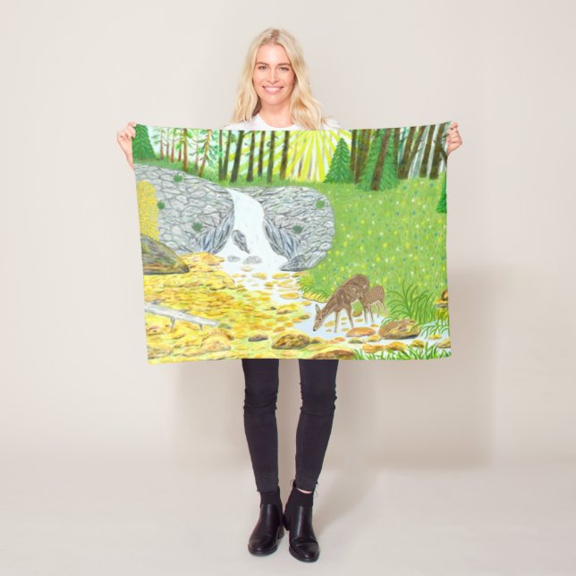 Sunny Forest With Deer Fleece Blanket (In Situ)