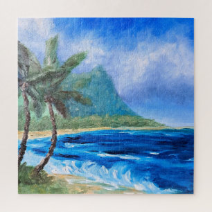 Sunny Hawaii Beach Painting Tropical Paradise Palm Jigsaw Puzzle