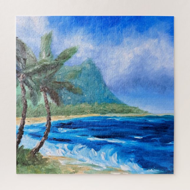 Sunny Hawaii Beach Painting Tropical Paradise Palm Jigsaw Puzzle (Vertical)