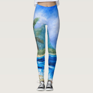 Sunny Hawaii Beach Painting Tropical Paradise Palm Leggings