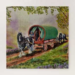 Sunny, Irish road with Gypsy Vanner Vardo Jigsaw Puzzle