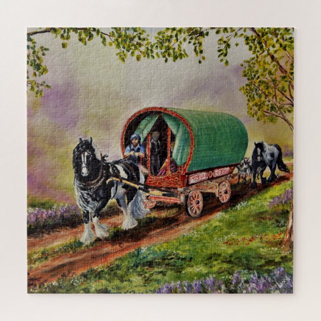 Sunny, Irish road with Gypsy Vanner Vardo Jigsaw Puzzle (Horizontal)