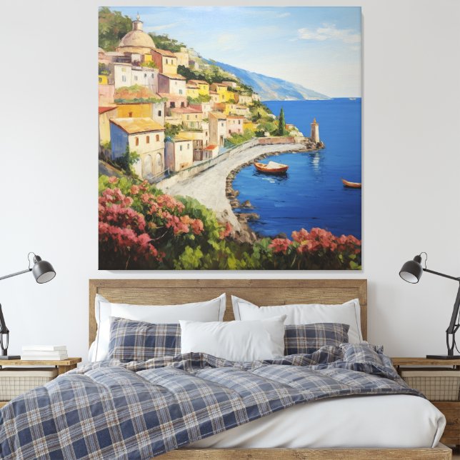 Sunny Italian Shores: A Coastal Landscape Art Canvas Print (Insitu(Bedroom))