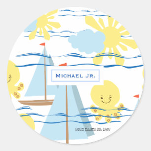 Sunny Kids Pattern, Boat, Octopus and Sun Clipart Classic Round Sticker