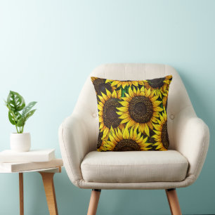 Sunny Large Sunflowers Pattern Throw Pillow