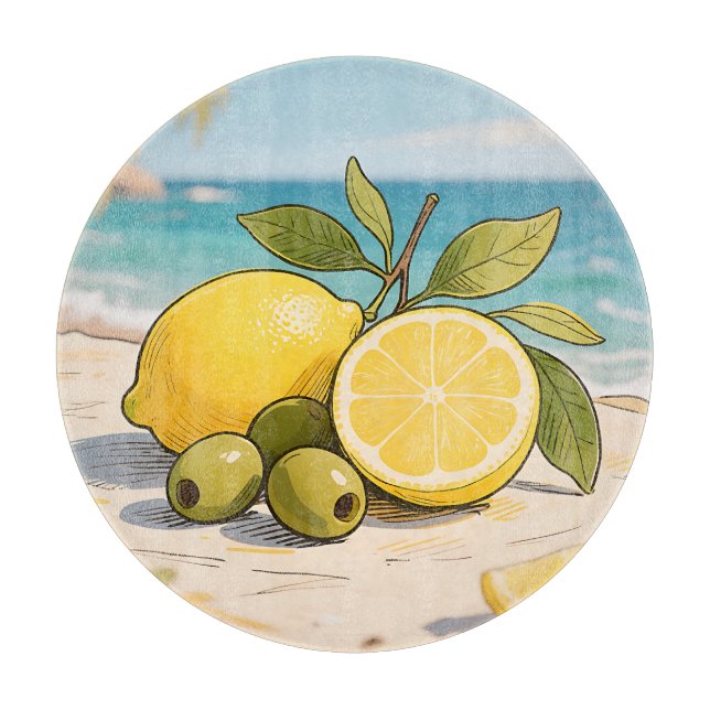 Sunny Lemon Olive Beachside Fresh Cutting Board (Front)