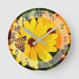 Sunny Marigolds and Butterfly Round Clock