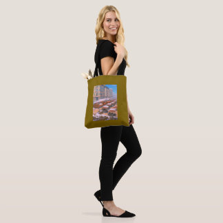 sunny morning marketplace in winter tote bag