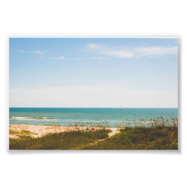 Sunny Ocean View with Beach Umbrella and Sailboat Photo Print (Front)