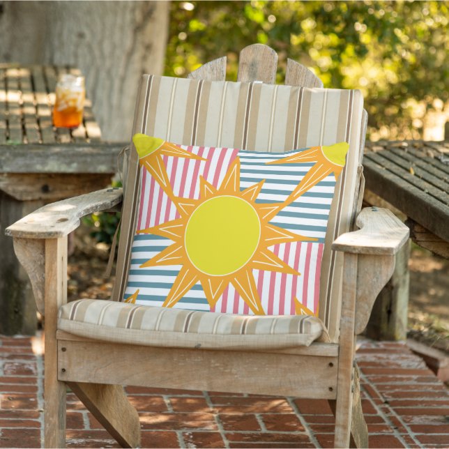 Sunny orange yellow suns white, teal pink stripes  outdoor pillow (Chair)