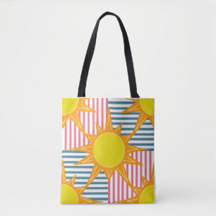 Sunny orange yellow suns white teal pink stripes tote bag