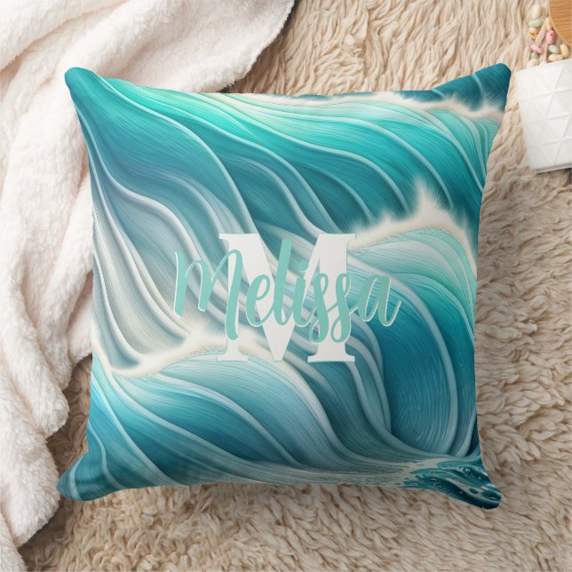 Sunny Pastel Ocean Waves Monogram Throw Pillow (Blanket)