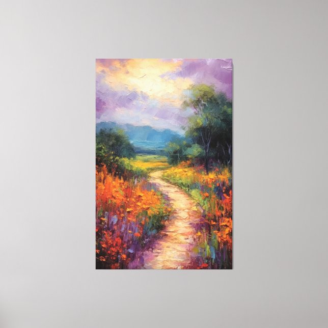 Sunny Path Through Wildflower Field Oil Painting Canvas Print (Front)