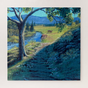 Sunny path to field and horses with foals jigsaw puzzle