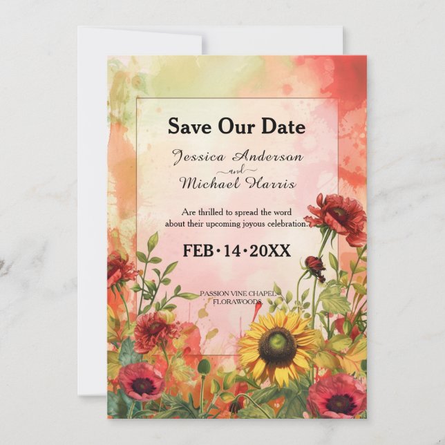 🌻 Sunny Petals & Scarlet Blooms Save The Date (Front)