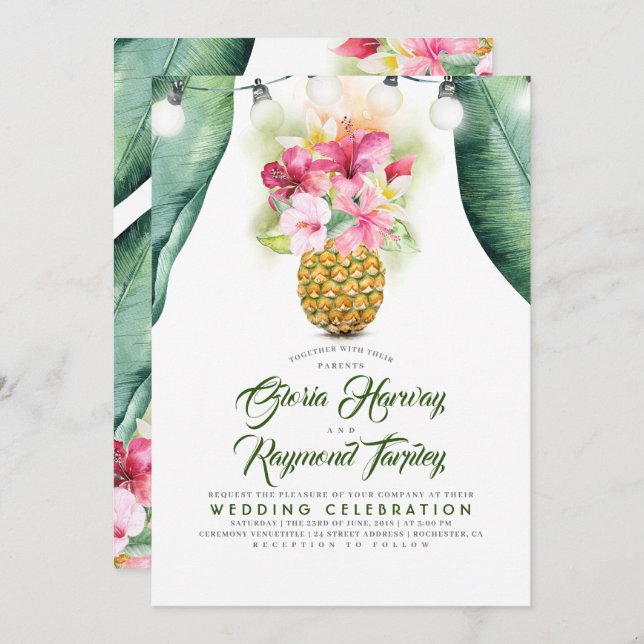 Sunny Pineapple Floral Summer Vase Beach Wedding Invitation (Front/Back)