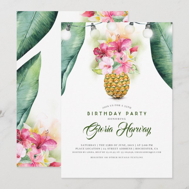 Sunny Pineapple Floral Vase Beach Birthday Party Invitation (Front/Back)