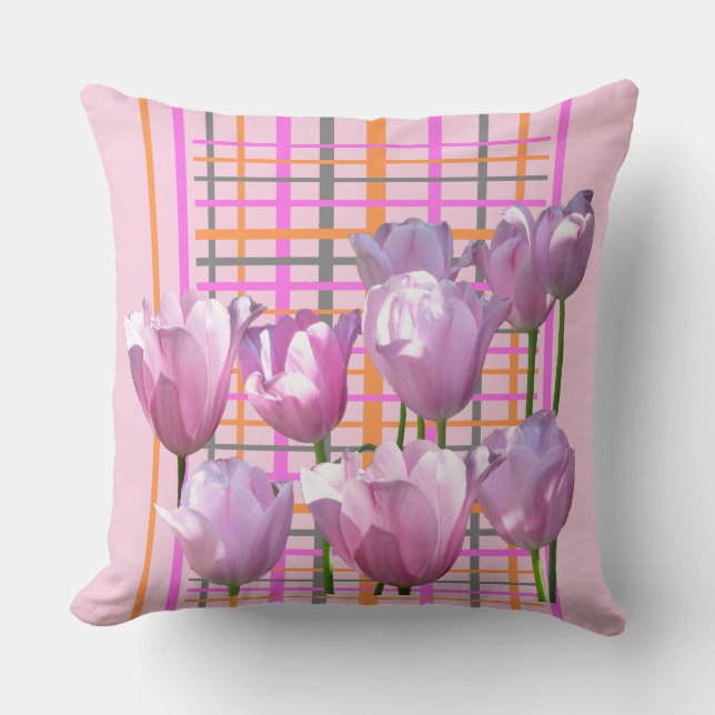 Sunny Pink Tulips Chequered Pattern Throw Pillow (Front)