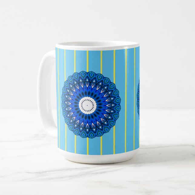 Sunny Pinstriped Turquoise and Blue Mandala Mug (Front Left)