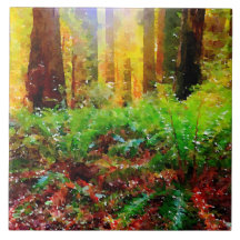 Sunny Redwoods with Ferns Watercolor Tile Trivet