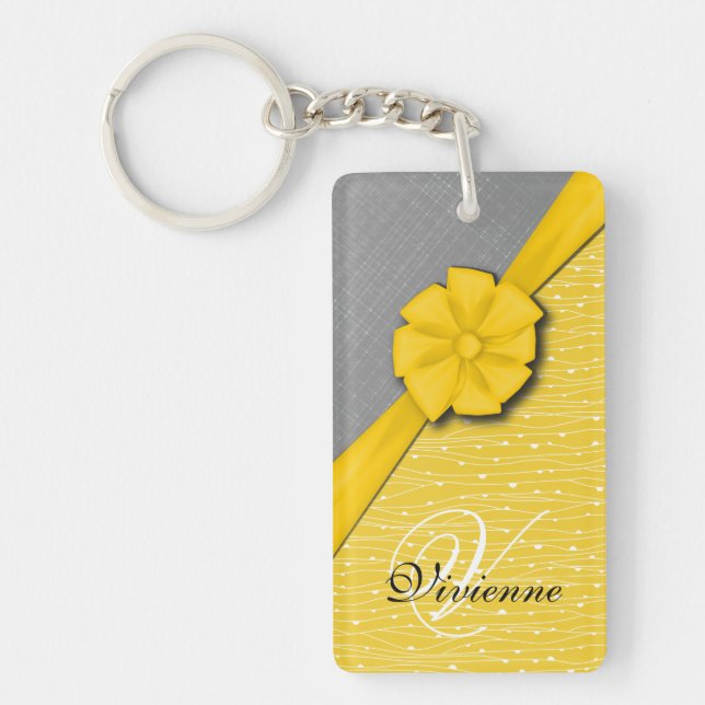 Sunny Ribbon, Two Tone Yellow Waves Grey Fabric Keychain (Front)