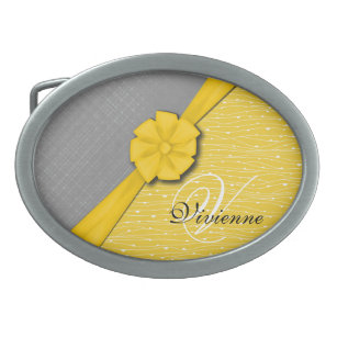 Sunny Ribbon, Two Tone Yellow Waves Grey Fabric Oval Belt Buckle