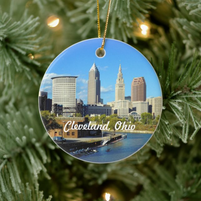 Sunny River Skyline Cleveland Ceramic Ornament (Tree)