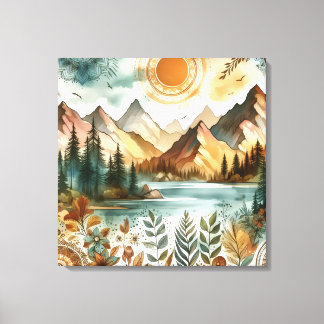 Sunny Rustic Boho Nature Pattern Mountain Lake Canvas Print
