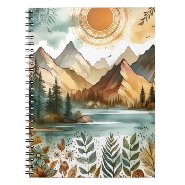 Sunny Rustic Boho Nature Pattern Mountain Lake Notebook (Front)