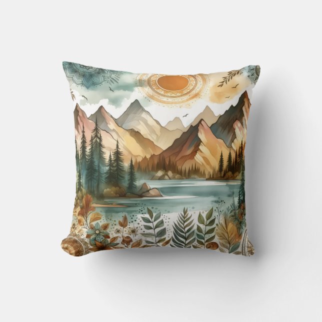 Sunny Rustic Boho Nature Pattern Mountain Lake Throw Pillow (Front)