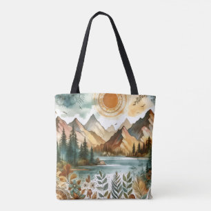 Sunny Rustic Boho Nature Pattern Mountain Lake Tote Bag