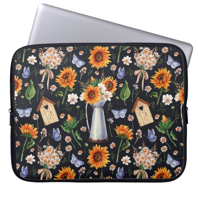Sunny Rustic Watercolor Sunflowers Pattern Laptop Sleeve (Front)