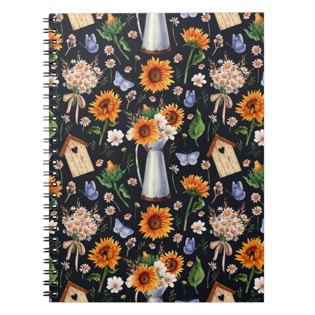 Sunny Rustic Watercolor Sunflowers Pattern Notebook (Front)