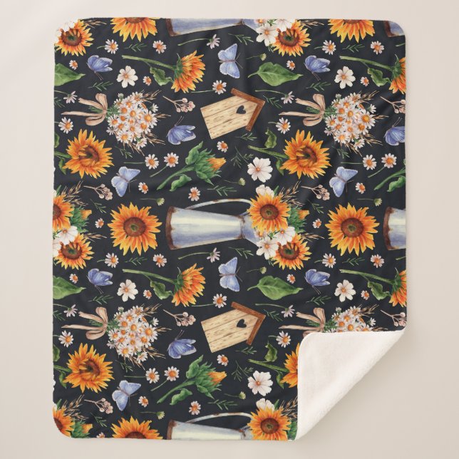 Sunny Rustic Watercolor Sunflowers Pattern Sherpa Blanket (Front)
