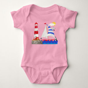 Sunny Sailing Ocean Adventure Sailboat Lighthouse Baby Bodysuit