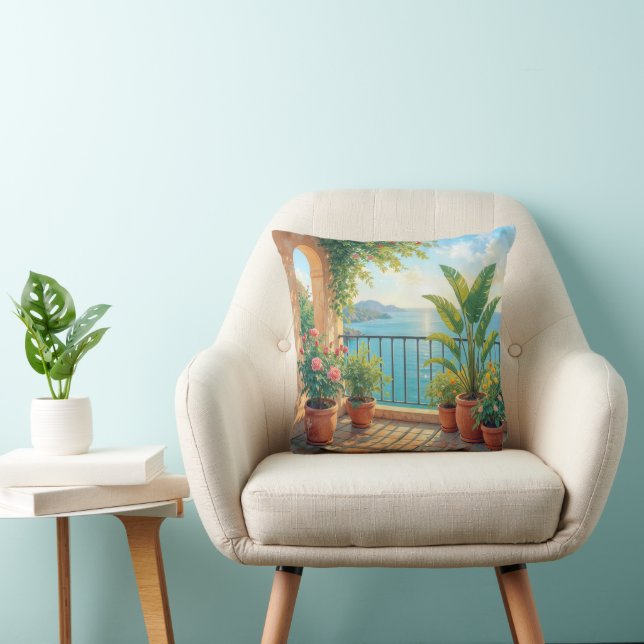 Sunny Seaside Terrace Throw Pillow (Chair)