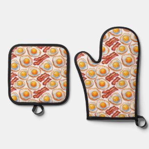 Sunny Side Up & Crispy – Watercolor Eggs and Bacon Oven Mitt & Pot Holder Set