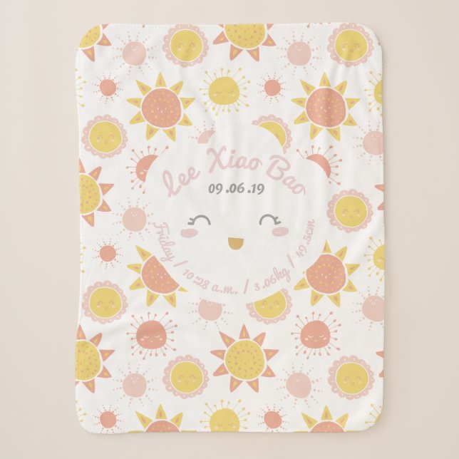 Sunny Smiles Baby Girl Birth Stats Keepsake Sherpa Blanket (Front)
