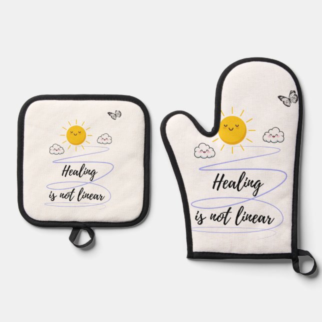 Sunny Smiles | Cute Sun & Clouds Kitchen M Oven Mitt & Pot Holder Set (Front)