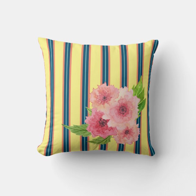 Sunny Stripes With A Floral Bouquet Throw Pillow (Front)