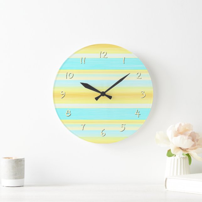 Sunny Summer Yellow Aqua Blue Watercolor Stripes Large Clock (Home)