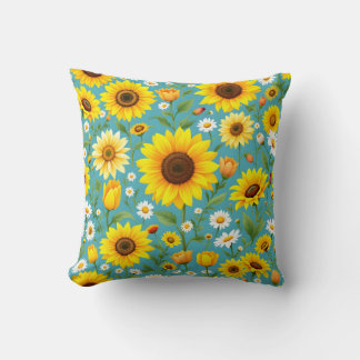 Sunny Sunflower and Daisy Meadow Pattern Throw Pillow