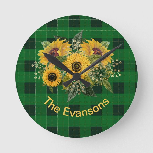 Sunny Sunflower Bouquet on Green Plaid Round Clock (Front)