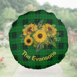 Sunny Sunflower Bouquet on Green Plaid Round Pillow