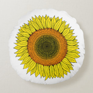Sunny Sunflower Summer Hand Drawn Round Pillow