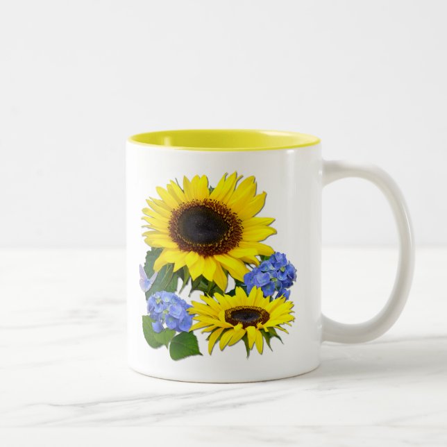 Sunny Sunflowers and Blue Hydrangea Two-Tone Coffee Mug (Right)