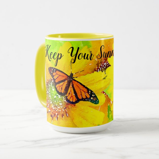 Sunny Sunflowers Monarch Butterflies Mug (Front Left)