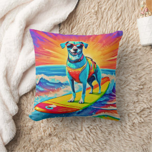 Sunny Surfing Pup: Beach Bliss Throw Pillow
