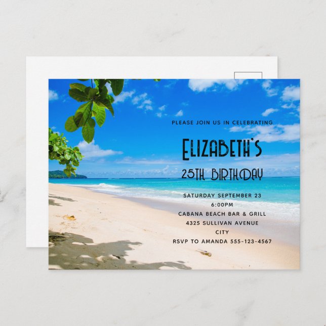Sunny Tropical Beach Photo Birthday Invitation Postcard (Front/Back)